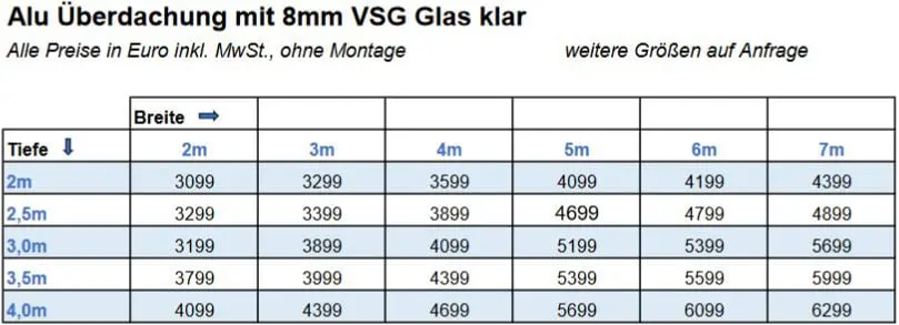 Terrassendach Preise mit 8mm VSG