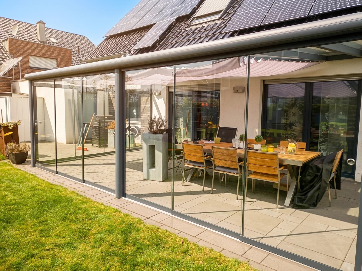 Terrassenüberdachung mit Glasschiebewand Bausatz und Essbereich