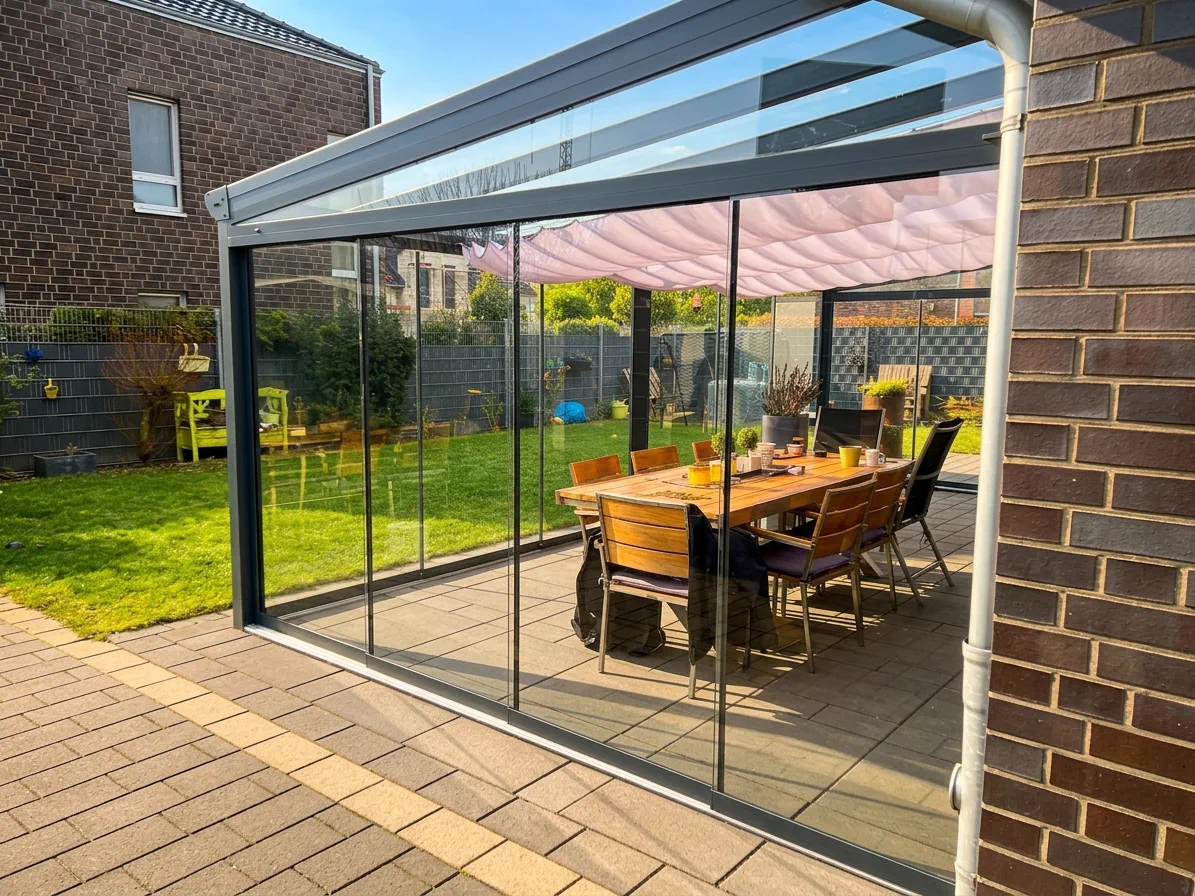 Terrassenüberdachung mit Glasschiebewand – Seitenansicht