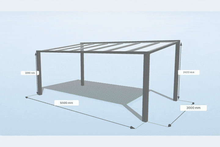 Animierte 3D-Ansicht des Terrassendach-Konfigurators: Gesamtansicht, Profilquerschnitte und Eckverbindungen des Aluminium-Bausatzes