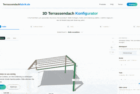 Animierte 3D-Ansicht des Terrassendach-Konfigurators: Gesamtansicht, Profilquerschnitte und Eckverbindungen des Aluminium-Bausatzes
