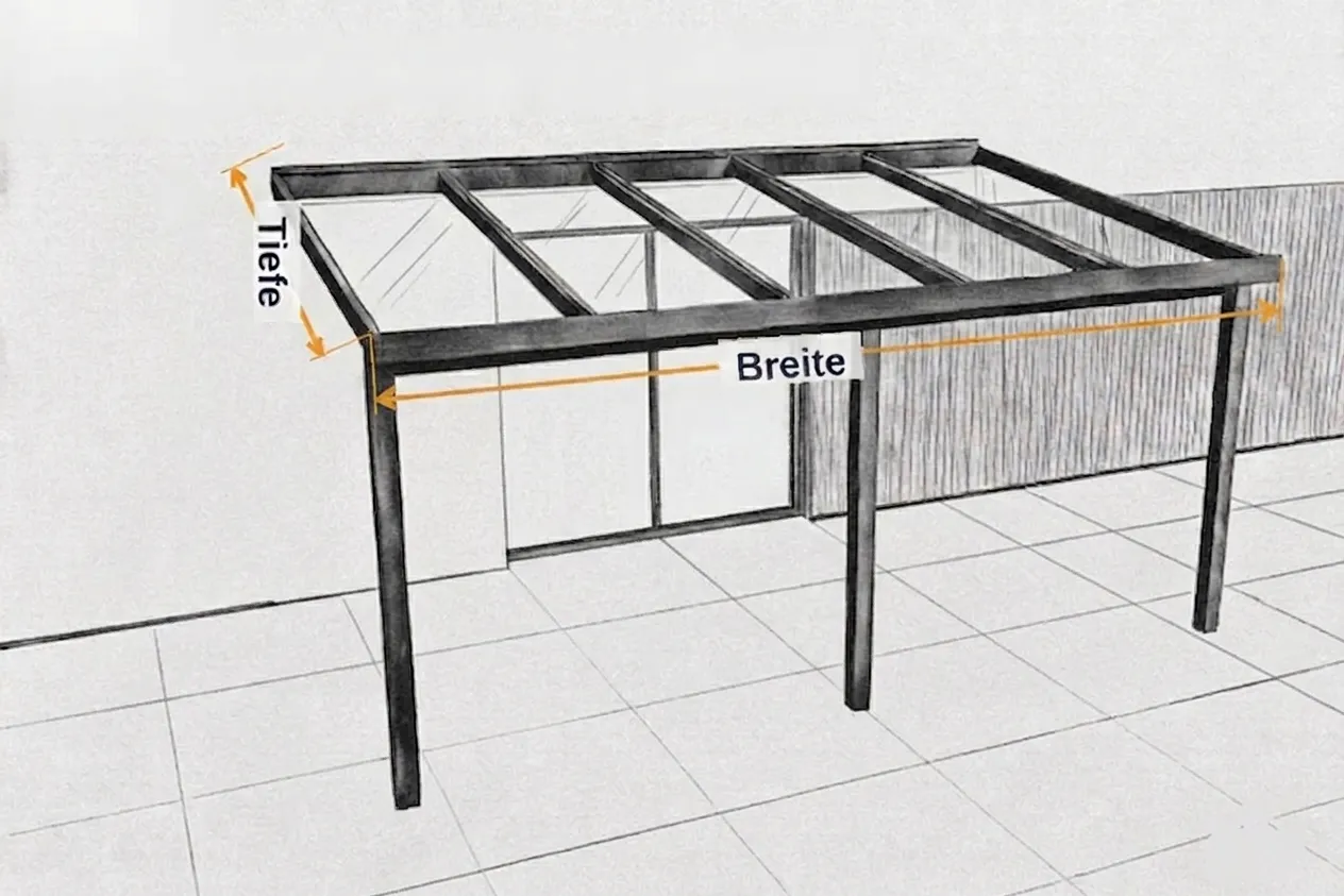 Skizze einer Terrassenüberdachung mit eingezeichneter Breite und Tiefe