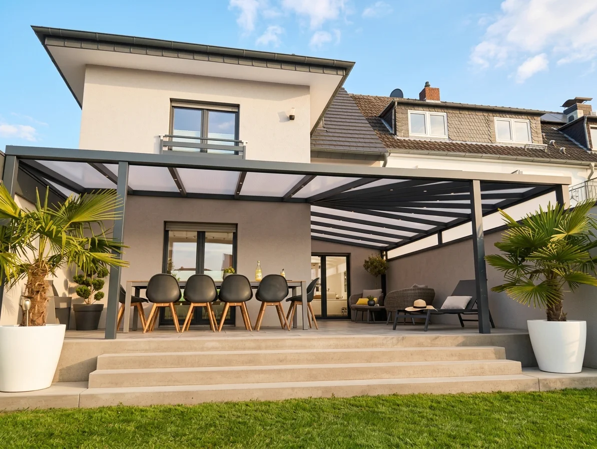 Alu Terrassenüberdachung Bausatz mit gemütlichem Essbereich