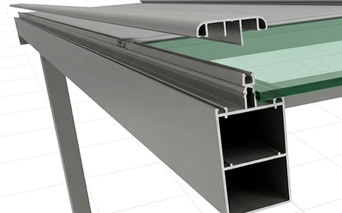 Schnittdarstellung der vormontierten Aluminiumprofile: Trägerprofil, Glasleiste und Pfosten mit eingelegtem Verbundsicherheitsglas